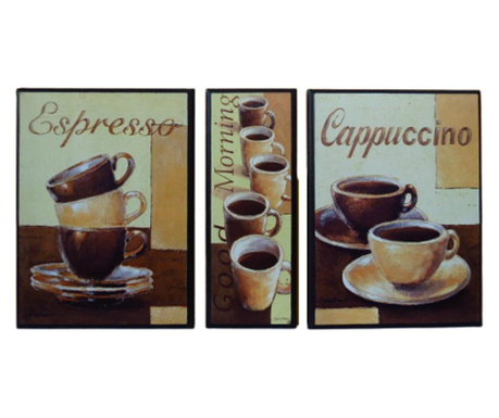 Set 3 tablouri Cappuccino/Good Morning/Espresso, suport de lemn, rama wenge, Vintage