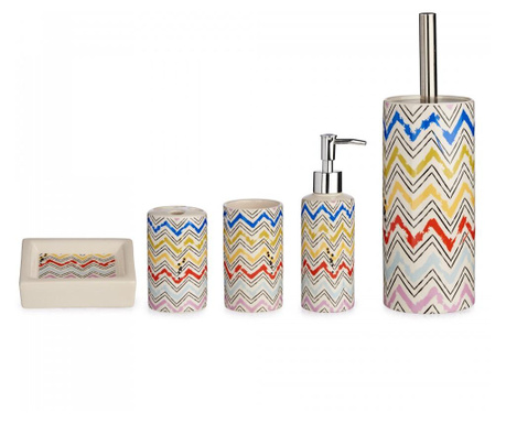 Set 5 accesorii ceramice pentru toaleta, savoniera, dozator sapun, suport periute, pahar, perie toaleta, escalate, 33x24x10,5 cm