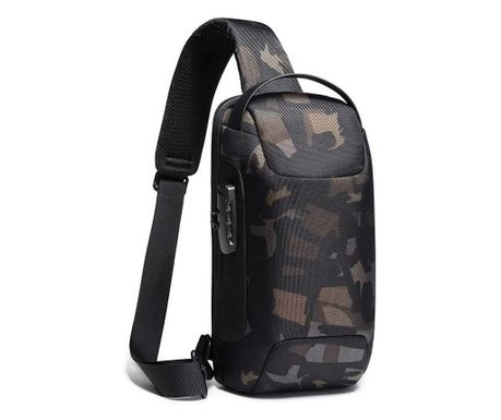 Rucsac crossbody/de umar, impermeabil, antifurt, cu port de incarcare USB, Bange, 34X18X10 cm, Camuflaj