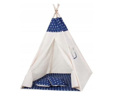 Šotor Teepee Sersimo v indijskem slogu za otroke z oknom, debelo podlogo in 2 blazinama, belo-temno moder z zvezdami