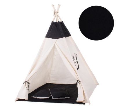 Šotor Teepee Sersimo v indijskem slogu za otroke z oknom, debelo podlogo in 2 blazinama, črno-bel