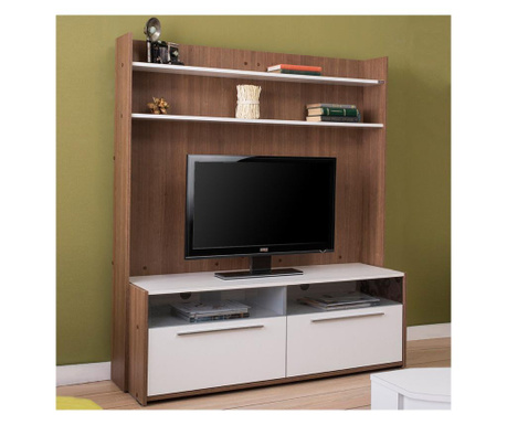 Mobila living room Adore, Flat Line Due Extra cu Suport Tv dePerete inclus, 134 X 151 X 40 cm, Alb/Nuc, grosime PAL 18 mm
