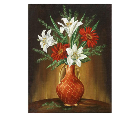 Tablou canvas flori, crini albi, vaza lut, pictura, 60 x 90