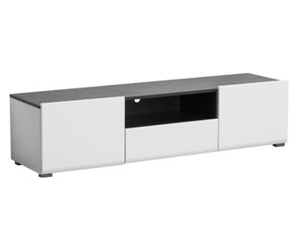 Comoda tv mmb 150, alb mat cu lemn negru si folie lucioasa alba, 153 x 41.5 x 38.5 cm