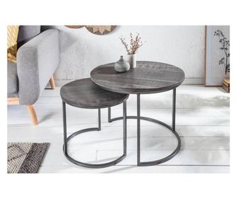Set 2 stolića, metal, drvo, siva, 55x45x55 cm (promjer 55 cm)