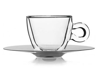 Luigi bormioli drink & design ceasca termica cu pereti dubli si farfurioara inox 165ml