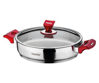 Hascevher yaprak cratita inox cu capac sticla si manere rosii, inductie, 26xh6cm, 2.5 L
