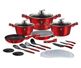 Set de oale marmorate 22 piese, manere detasabile Burgundy Metalic Line Berlinger Haus BH 7180