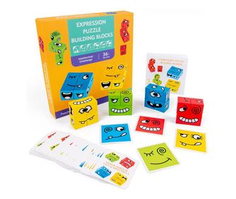 Joc Montessori si Puzzle cuburi - Exprimarea emotiilor, din lemn