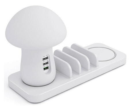 Stand incarcare wireless si USB si lampa veghe, Quasar & Co., incarcare rapida QC 3.0, ABS, alb