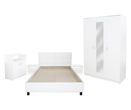 Dormitor soft alb cu pat tapitat bej pentru saltea 160x200 cm
