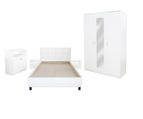 Dormitor soft alb cu pat tapitat alb pentru saltea 140x200 cm