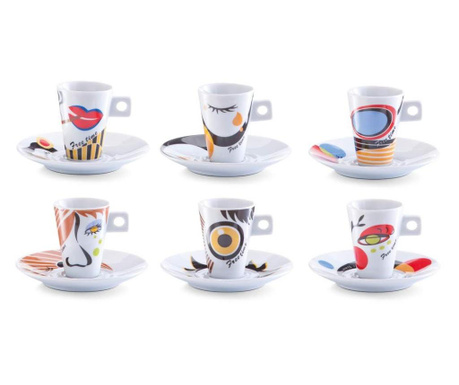 Set servire espresso 12 piese Zeller-Faces, portelan, multicolor