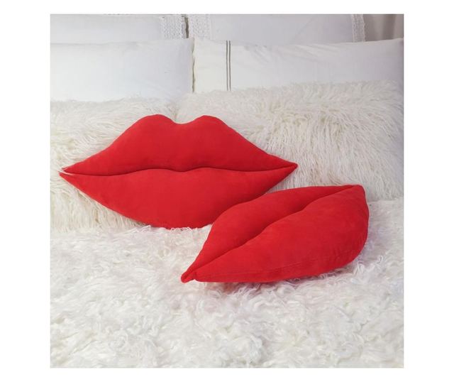 Set 2 perne decorative, buze/sarut, plus minky, rosu, 48/25 cm, Fashion Story Home