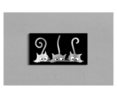 Tablou pe sticla acrilica 4mm "Cats", foita argintie aplicata manual, 50x27cm
