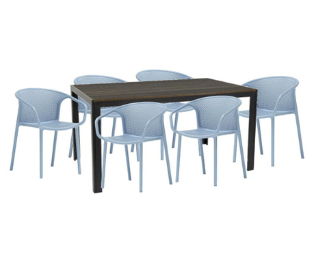 Raki chapeko mobilier gradina, terasa masa maro 156x76x74cm cu 6 scaune chicago 57x57x77cm culoare albastru