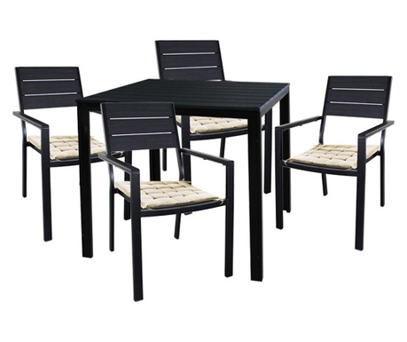 Raki cangusu set mobilier gradina/terasa masa patrata 78x78xh74cm cu 4 scaune culoare neagra, 4 perne