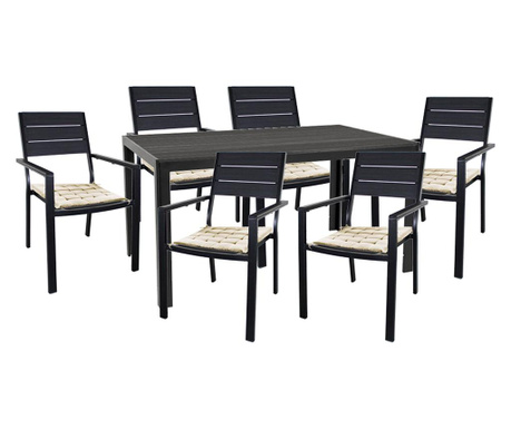 Raki cangusu set mobilier terasa/gradina masa cu scaune masa 156x78cm cu 6 scaune culoare neagra, 6 perne