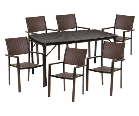 Set mobila pentru gradina raki masa 151,8x83,5xh73cm cu 6 scaune, aspect ratan, maro