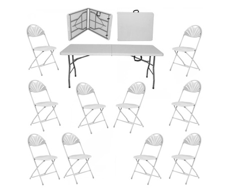 Raki set masa plianta dreptunghiulara pentru evenimente, catering 244x76xh73,5cm cu 10 scaune pliante 39x40x87cm