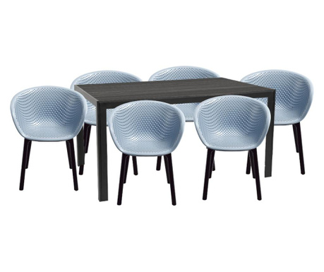 Raki maciah set mobilier pentru gradina/terasa masa neagra 156x76x74 cu 6 scaune havana 61x64x74cm culoare albastra