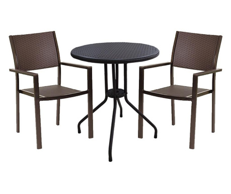 Set mobila pentru balcon raki masa d60xh74cm si 2 scaune cu brate, polyratan maro