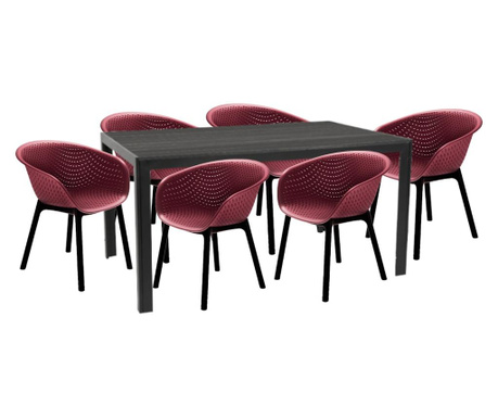 Raki maciah set mobilier pentru gradina/terasa masa neagra 156x76x74 cu 6 scaune havana 61x64x74cm culoare bordo