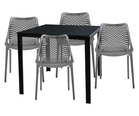 Raki oklan mobila pentru gradina/terasa masa patrata neagra 78x78x74cm cu 4 scaune london air 61x51x82cm culoare gri