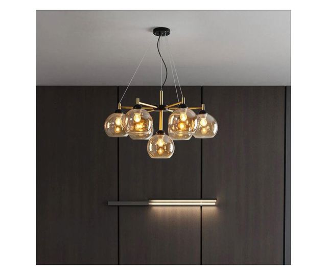 Lustra Tip Pendul RFAN, Model D9645-7, cu 7 Abajururi, 100 W, Negru/Auriu