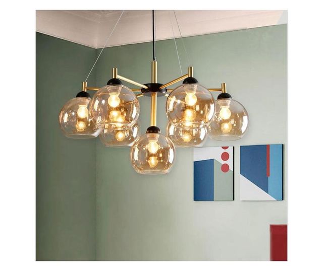 Lustra Tip Pendul RFAN, Model D9645-7, cu 7 Abajururi, 100 W, Negru/Auriu