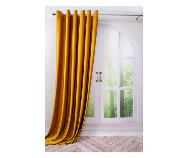 Кадифена завеса, горчица жълта, с метални пръстени, обикновена, непрозрачна, 200x250
