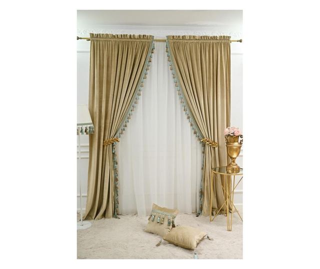 Set de 2 draperii din catifea, cu rejansa , bej-nude, opace, accesorizate 300x250 cm