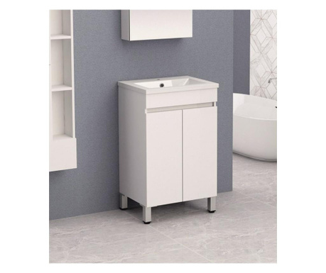 Шкаф за баня PVC - бял нивелиращи крачета панти със soft close” механизъм бял умивалник от смола водо и влагоустойчив сто