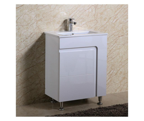 Комплект PVC шкаф за баня - бял, водо и влагоустойчив панти със "soft close" механизъм бял порцеланов умивалник стоящ монтаж