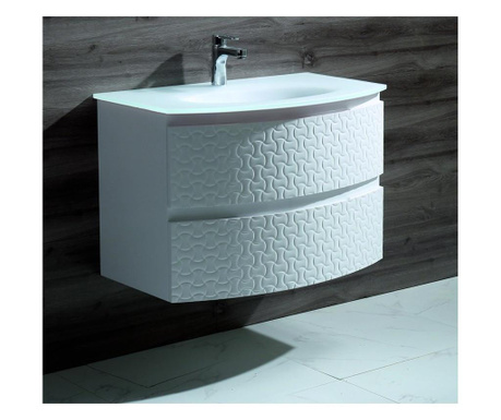 Мебел за баня - долен PVC шкаф, бял водо и влагоустойчив умивалник от матирано стъкло - бял цвят стенен монтаж