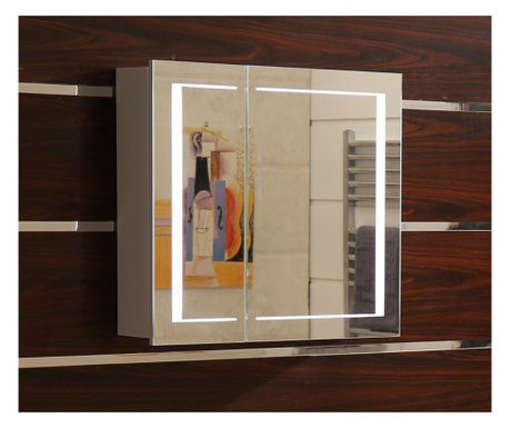 Горен огледален PVC шкаф за баня - бял водо и влагоустойчив панти със "soft close" механизъм стъклена вътрешна лавица LED ос