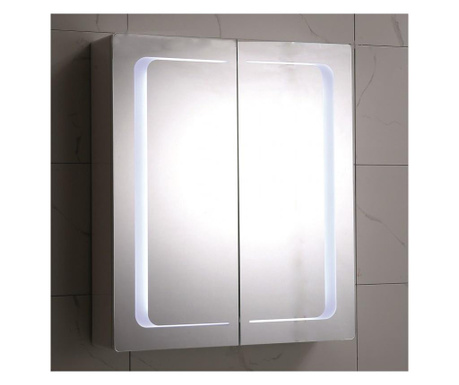 Горен огледален PVC шкаф за баня - ДЕСПИНА, бял водо и влагоустойчив панти със "soft close" механизъм LED осветление