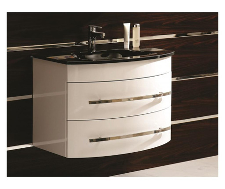 Шкаф за баня - долен PVC , бял водо и влагоустойчив две чекмеджета със "soft close" механизъм черен стъклен умивалник