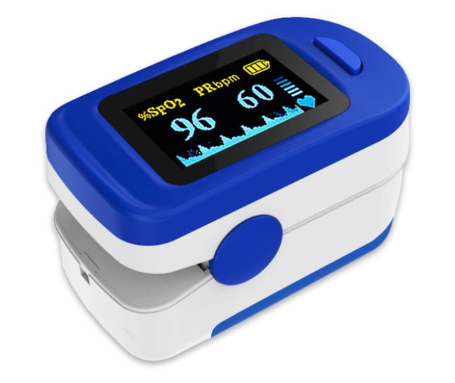 Пулсоксиметър RedLine FS20C, уред за измерване на пулс и кислород в кръвта, звуков сигнал, 4 позиции за четене на текст, бял/син