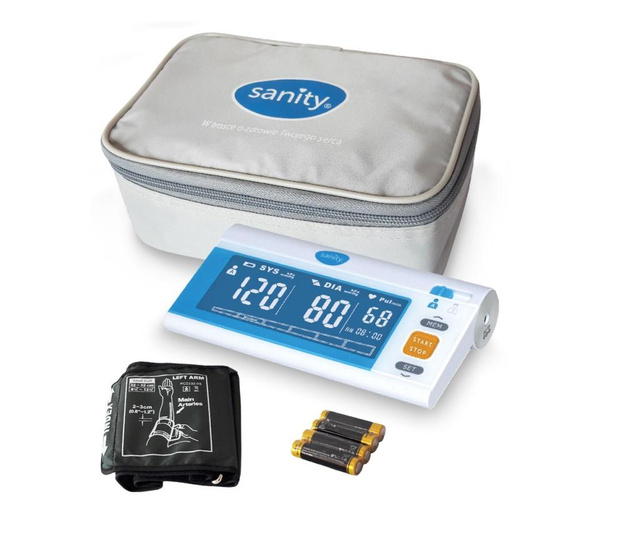 Апарат за измерване на кръвно налягане Sanity Simple, 120 позиции памет, Технология FDS, Клинично валидиран продукт, Бял/Син