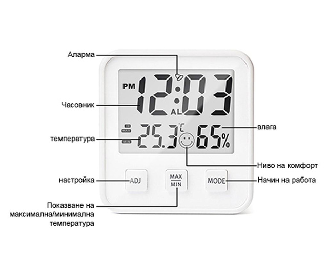 Termometru si higrometru de camera vitammy hygro, statie meteo, ceas, alarma, indicator confort, alb  2x8,5x9 cm