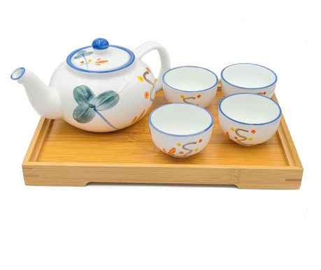 Set Ceainic cu 4 Cupe din Portelan si tava din Bambus
