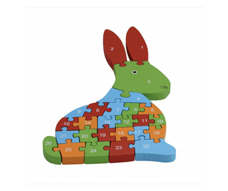 Puzzle din lemn pufo pentru copii cu numere si cifre, model iepuras, 26 piese, 31 cm