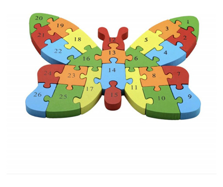 Puzzle din lemn pufo pentru copii cu numere si cifre, model fluturasul zburator, 26 piese, 26 cm