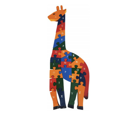 Puzzle din lemn Pufo pentru copii cu numere si cifre, model Girafa, 26 piese, 39 cm
