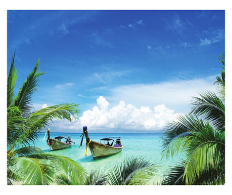 Tablou canvas barci la plaja cu palmieri, 105x70 cm  70x105 cm