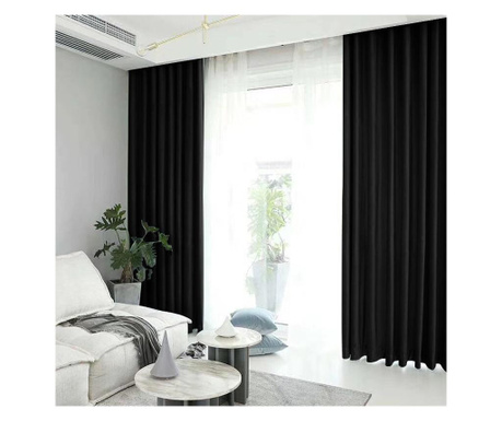 Draperie din catifea blackout cu rejansa transparenta cu ate pentru galerie, densitate 700 g/ml, deep black Madison