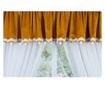 Konyhai függöny, fehér pamut, mustárszínű bársony fodorral, fehér csipkével, 280x140