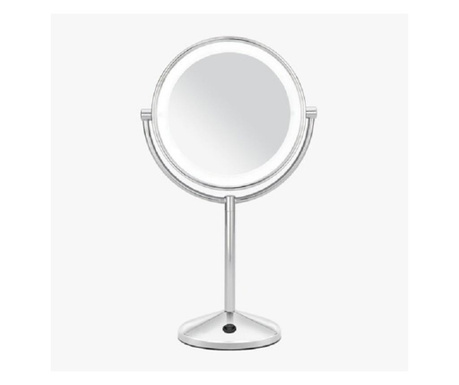 Oglinda Cosmetica Cu Lumina Led Si Lupa, Diametru 19 Cm, 2 Fete, Marire 10x, Unghi De Rotire 360A°, Buton On/off, Argintiu