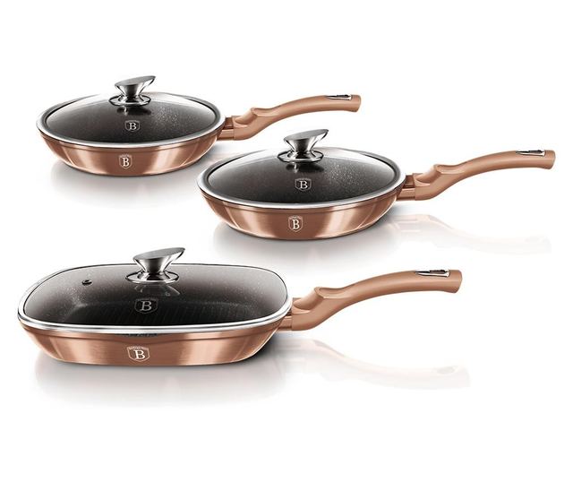 Σετ 3 μαρμάρινες τηγάνια με καπάκι Rose Gold Berlinger Haus BH 6195